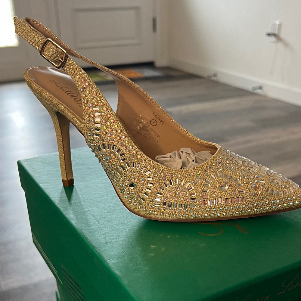 Lauren Lorraine Gold Crystal Slingback Heels